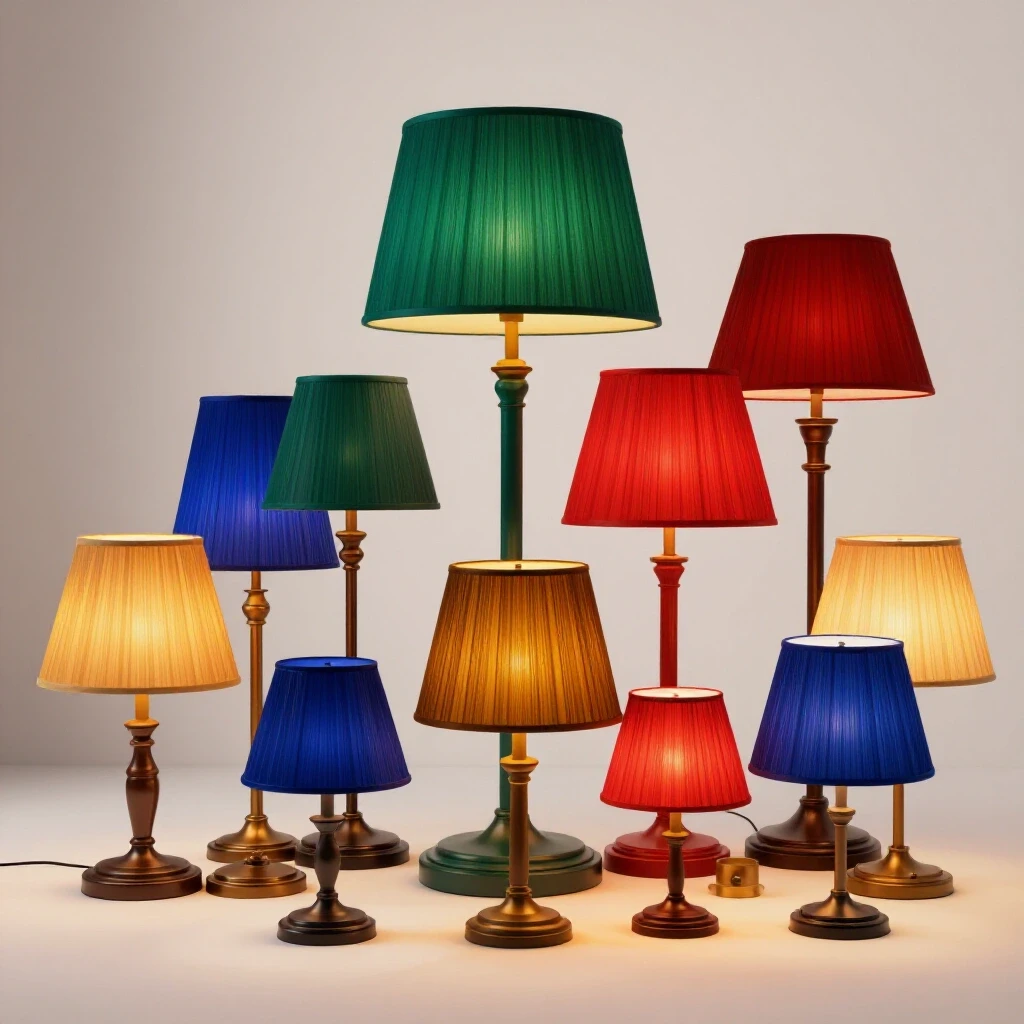 A collection of colorful lamps in varying sizes highlighting scale differences in a bright studio setting.