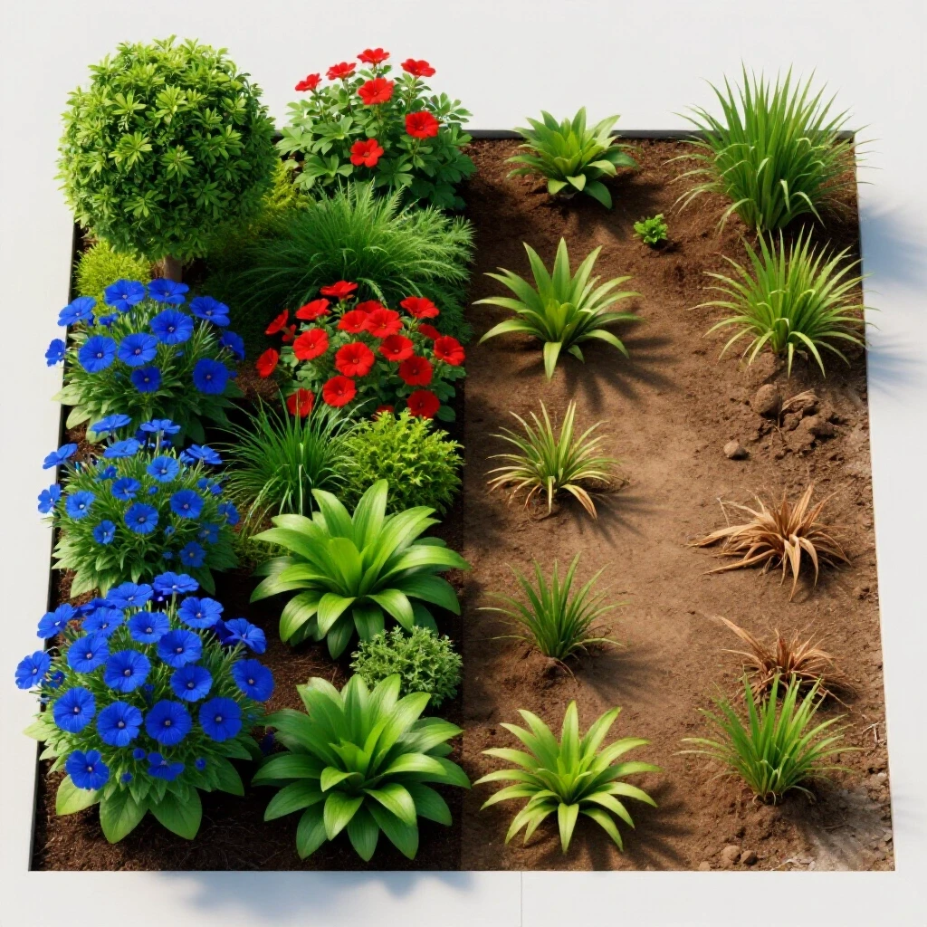 A vibrant garden split diagonally showing a flourishing landscape on one side and a neglected area on the other, symbolizing landscape renovation outcomes.