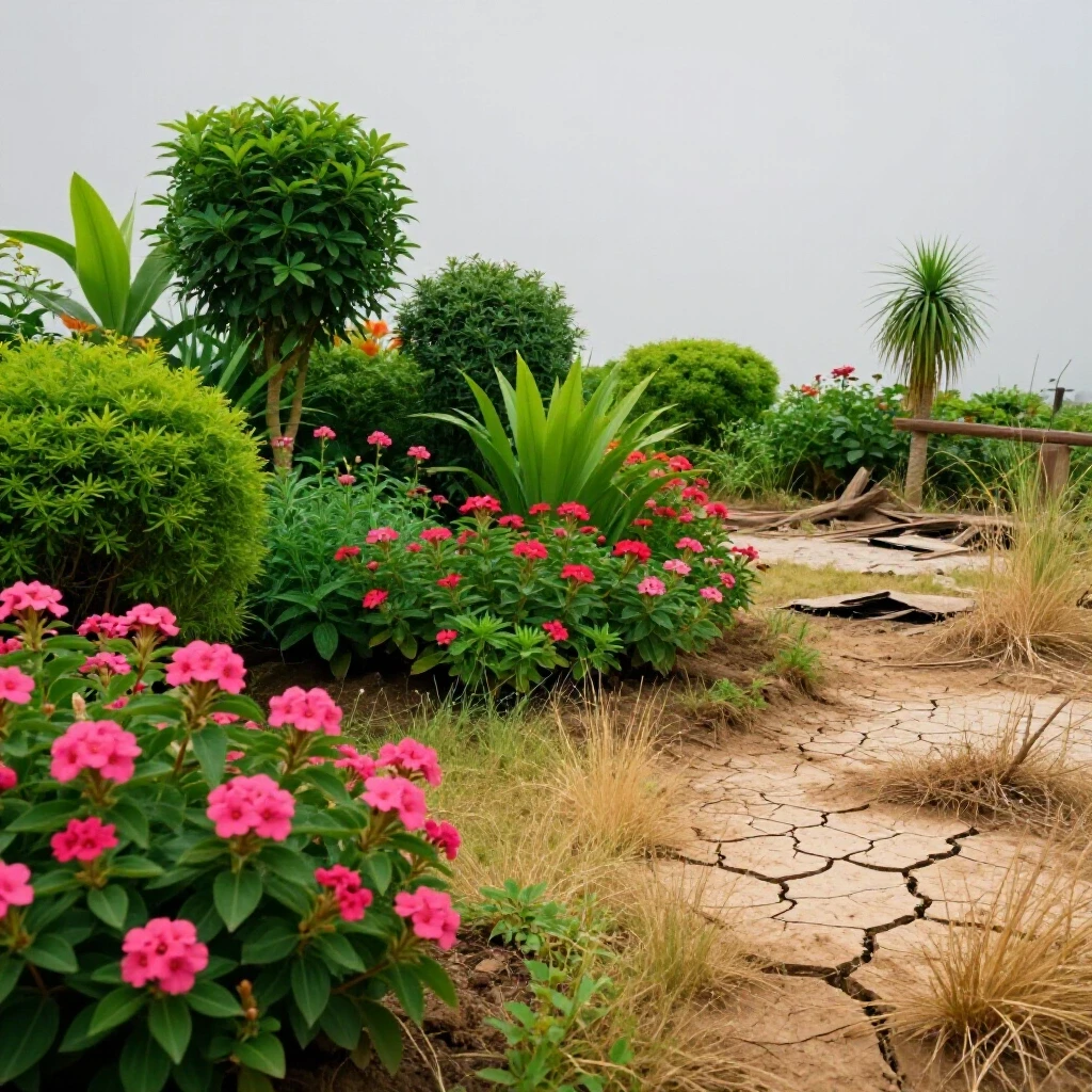 Vibrant outdoor landscape with flourishing plants contrasted against a deteriorating outdoor scene, emphasizing durability.