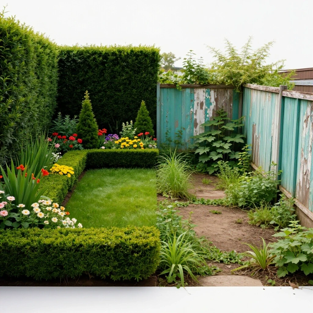 Split image showing a lush landscaped yard on one side and a faded neglected outdoor space on the other, highlighting landscaping transformation.