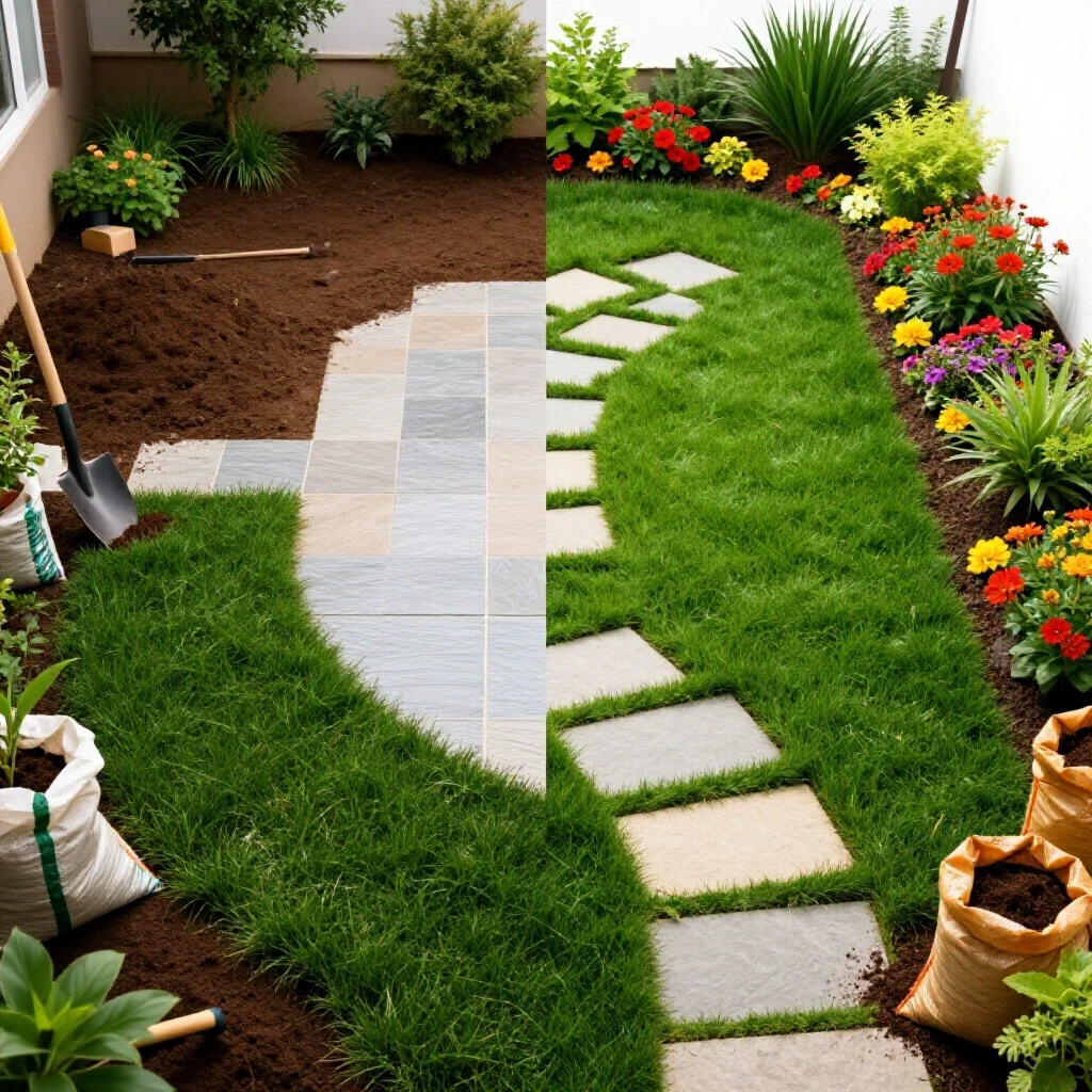 A split-image showing a barren yard transformed into a vibrant, landscaped space with tools scattered around.