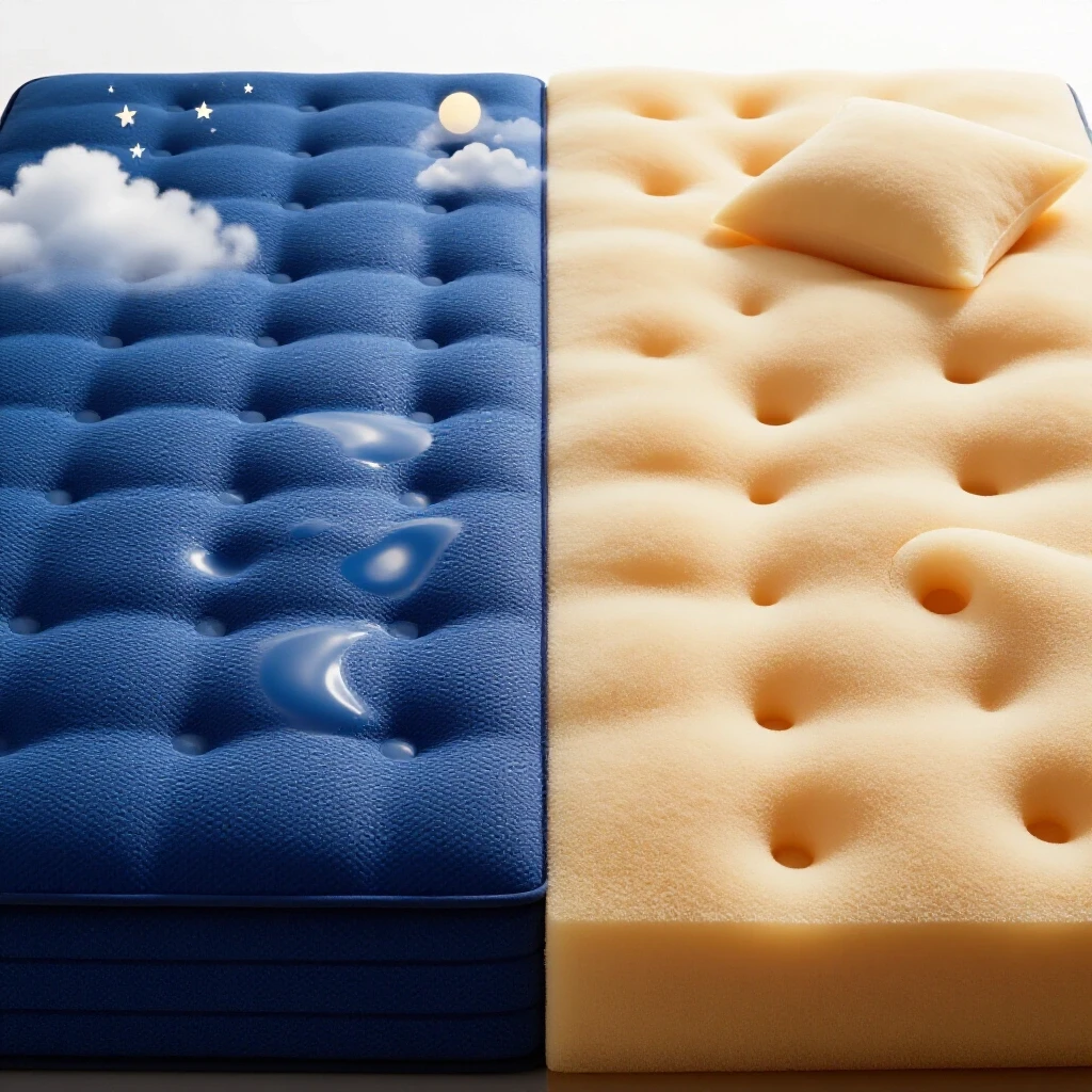 A split image comparing a luxurious latex mattress with a cozy foam mattress, showcasing rich textures and bright backgrounds.
