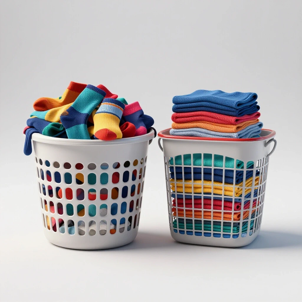 A chaotic laundry basket overflowing with colorful socks compared to a neat basket of organized clothing against a bright background.