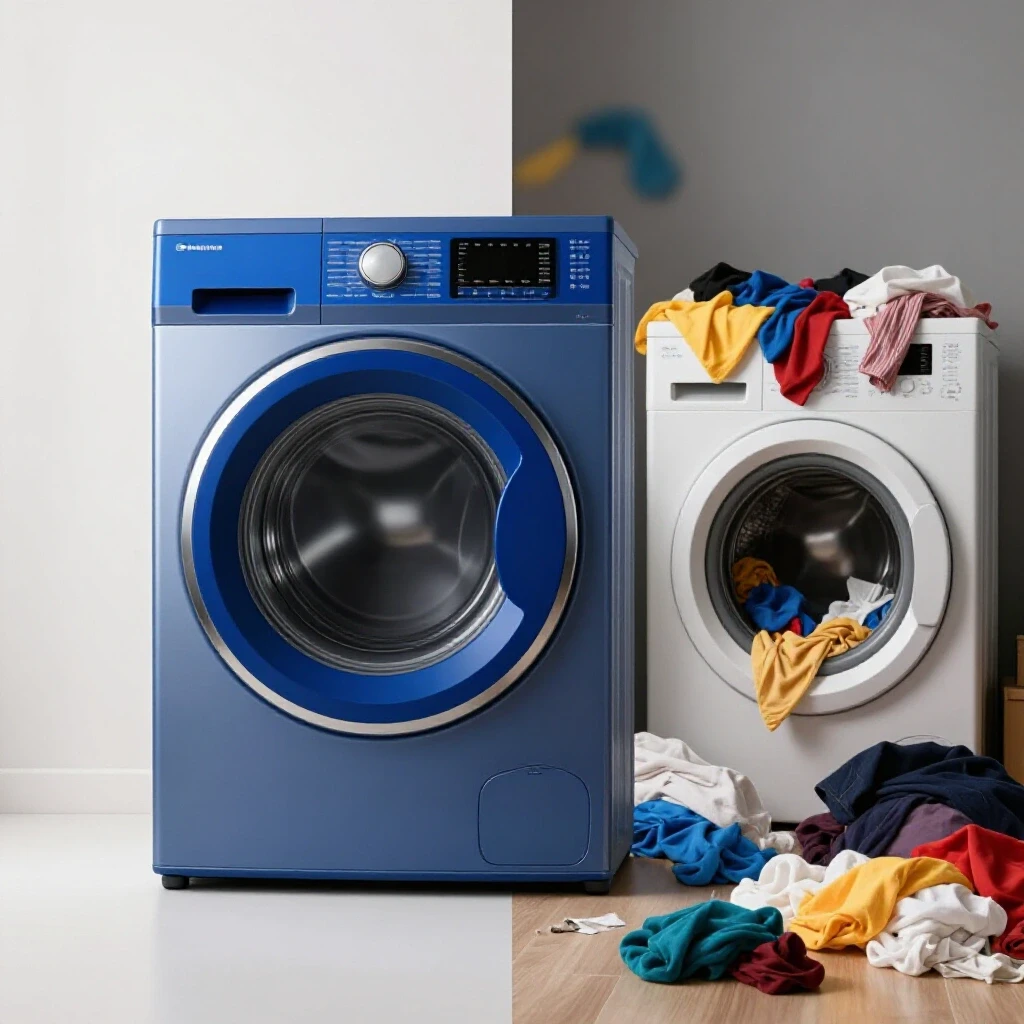 A split-image showing a sleek blue laundry chute beside a chaotic laundry area filled with disorganized clothing.