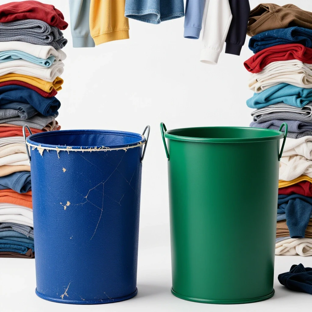 A split image showing a worn-out laundry hamper with frayed edges on one side, and a robust stylish hamper on the other against a messy backdrop.
