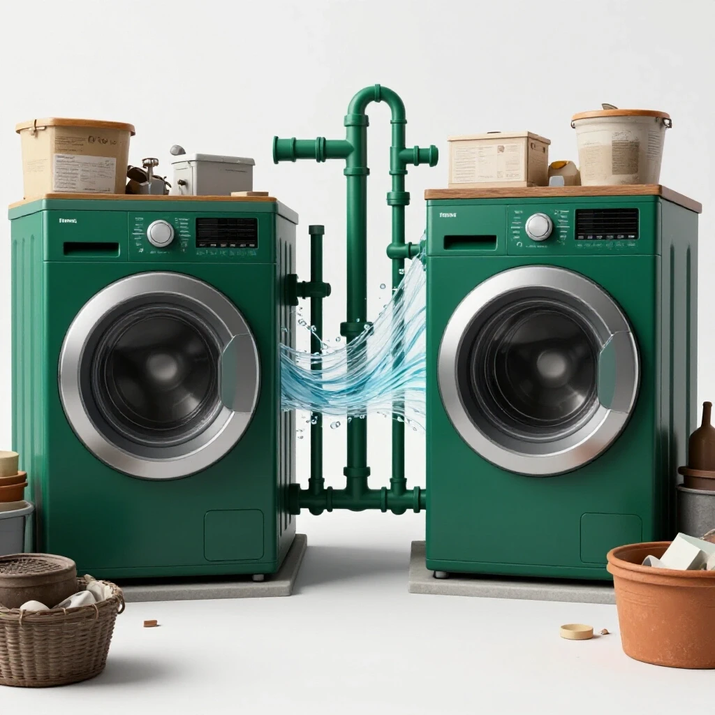 A vibrant 3D image showing a transformed laundry space from cluttered to modern, highlighting plumbing upgrades with flowing water.