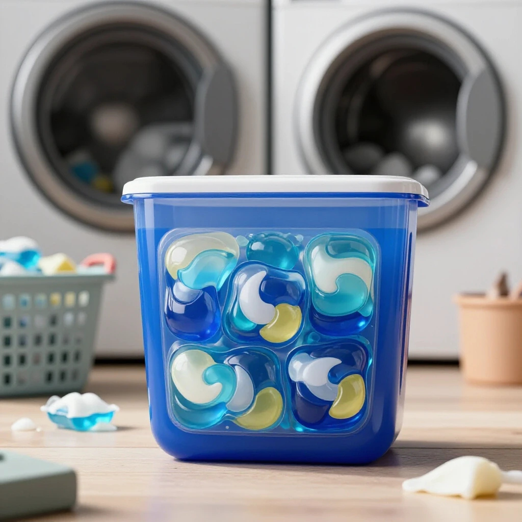 Vibrant royal blue laundry pods container showcased against a cluttered laundry room backdrop, emphasizing sleek design and functionality.