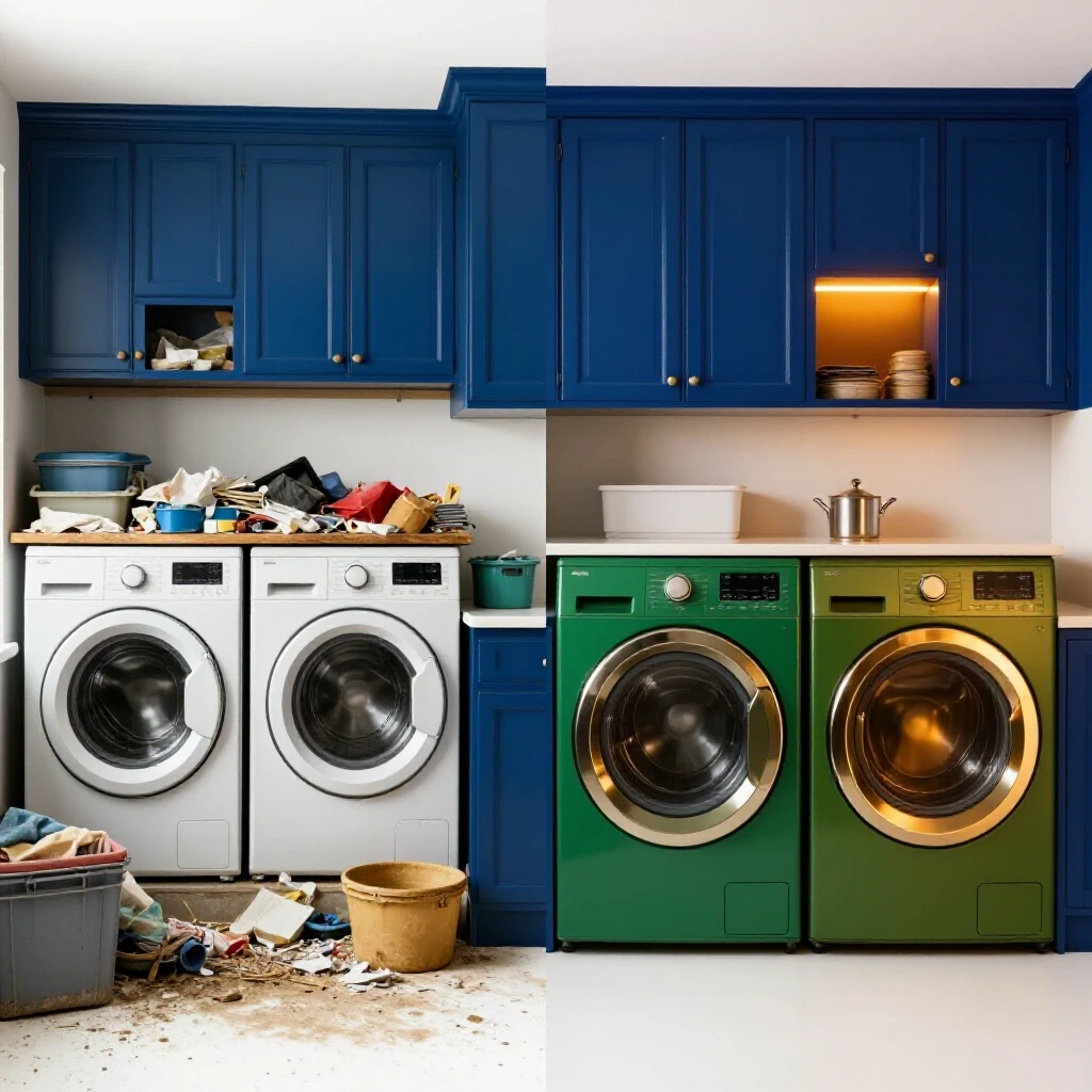A contrasting split-image showing a cluttered laundry space on the left and a modern, organized remodel on the right, showcasing transformation.