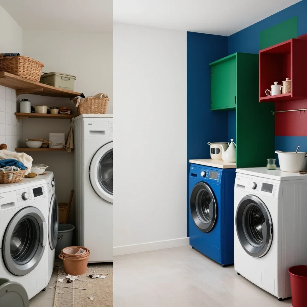 A split image depicting an outdated laundry room contrasted with a modern transformed space showcasing stylish upgrades.
