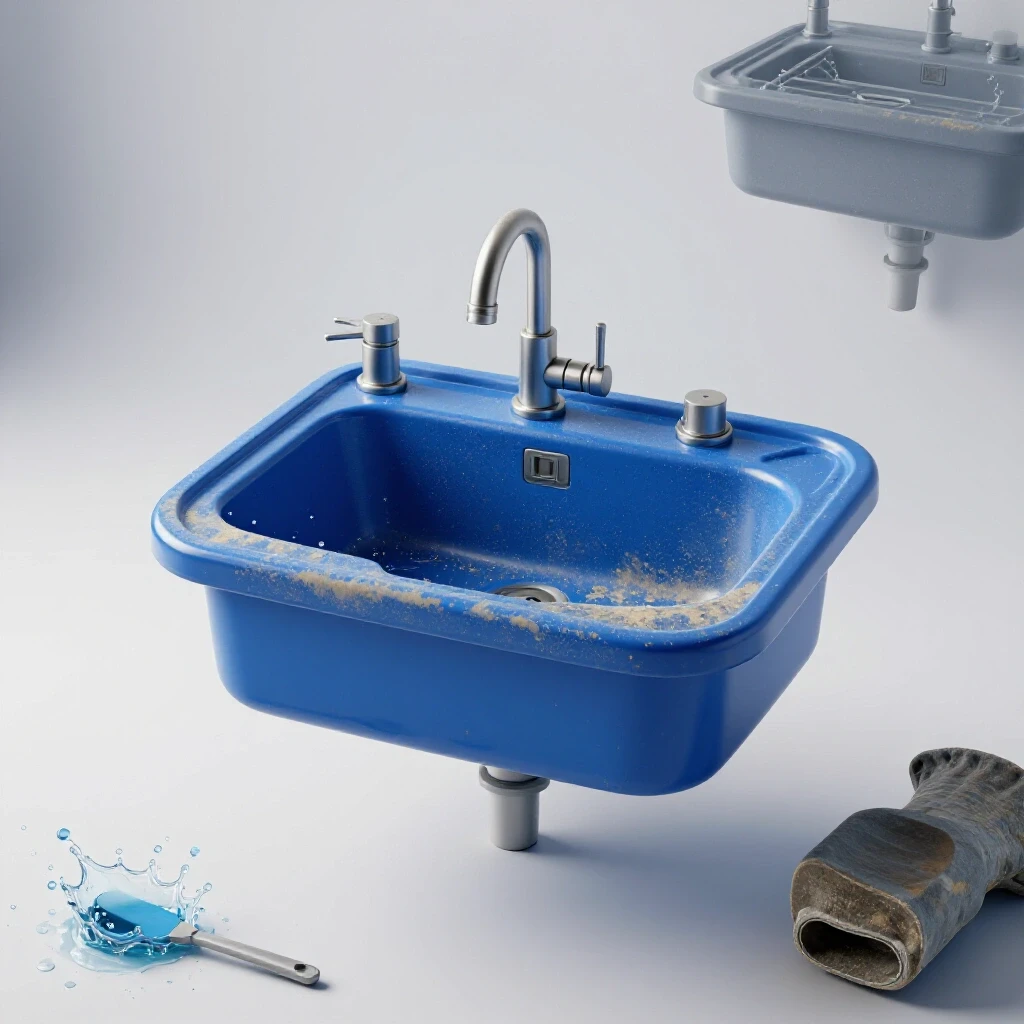 A pristine royal blue laundry sink next to a worn-out version, showcasing durability and maintenance elements.