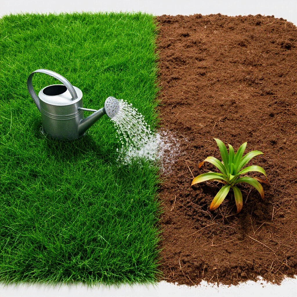 A split image showing a healthy vibrant lawn contrasted with a dry patchy lawn, illustrating lawn care mistakes and tips.