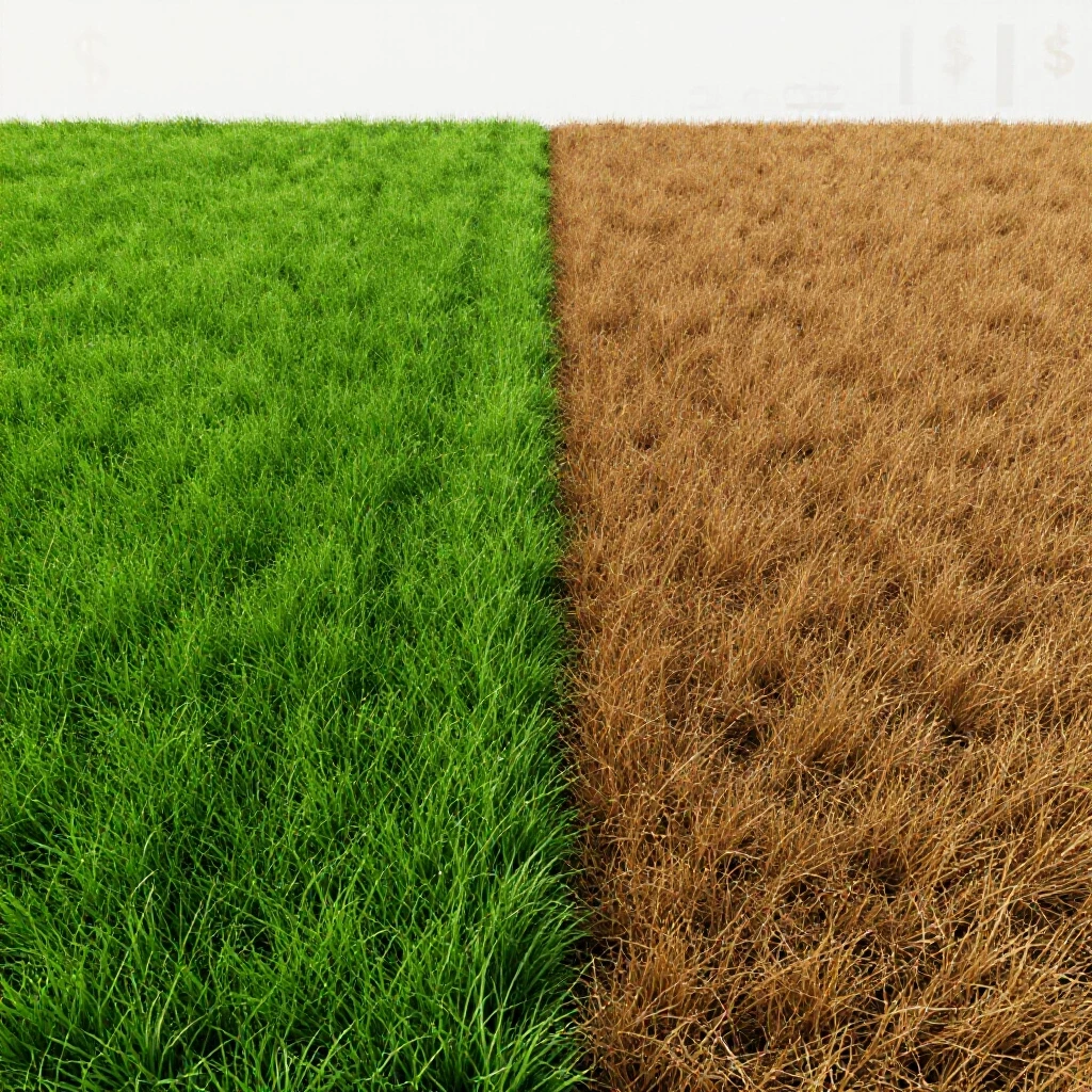 A divided lawn showing vibrant green grass on one side and bare, patchy earth on the other, suggesting lawn renovation costs.