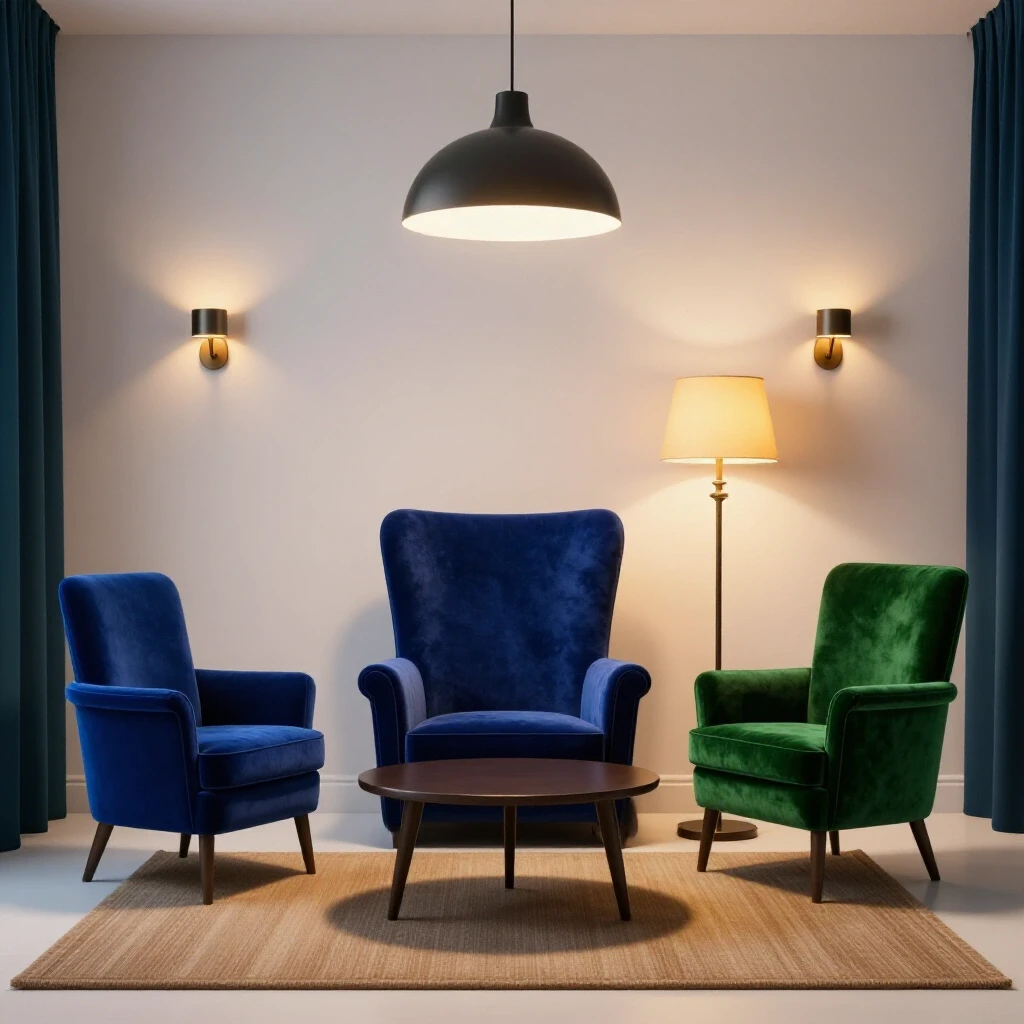 A cozy room featuring layered lighting elements, including an overhead pendant, floor lamp, and sconces, in rich colors.