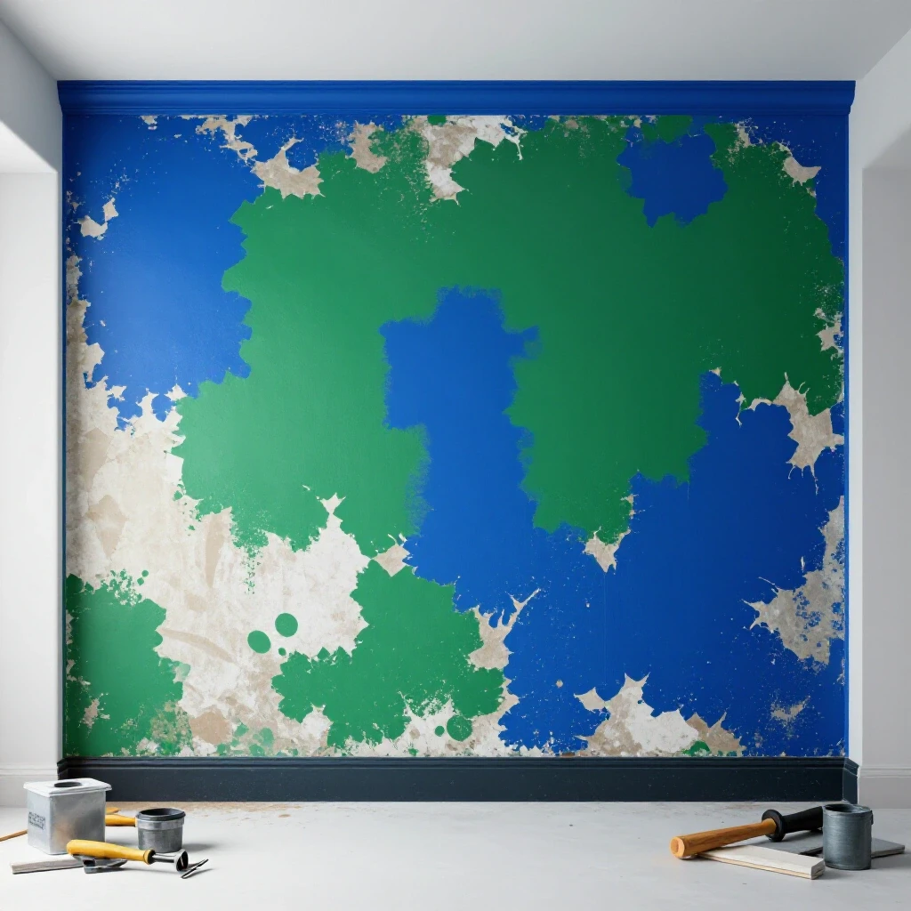 A renovated room with deep colors juxtaposed against a faded wall, symbolizing lead paint removal efforts.