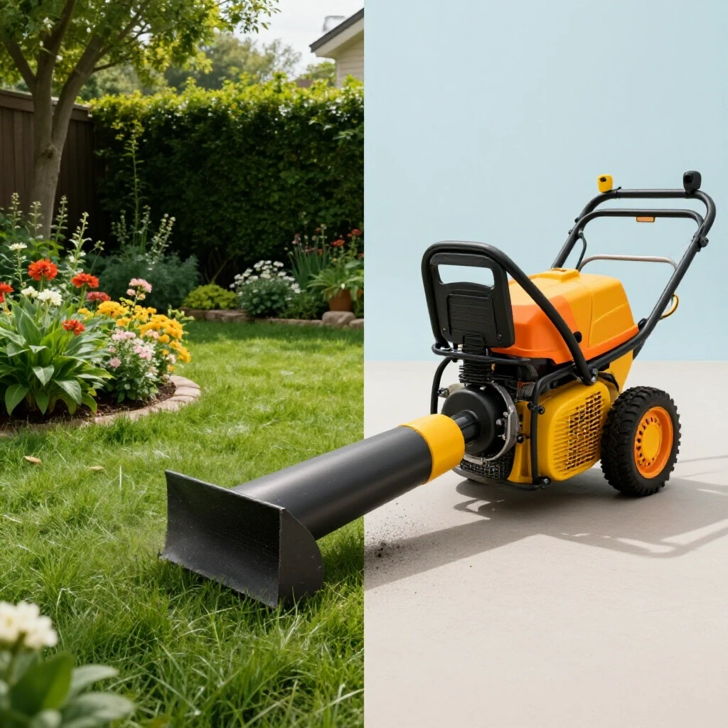 A comparison of a serene backyard scene with colorful flowers juxtaposed against a bright, noisy leaf blower in action.