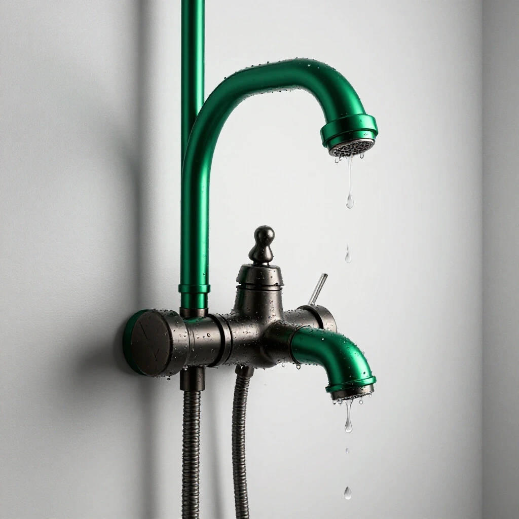 A gleaming new shower arm and a worn, dripping faucet with water droplets in a bright studio setting.