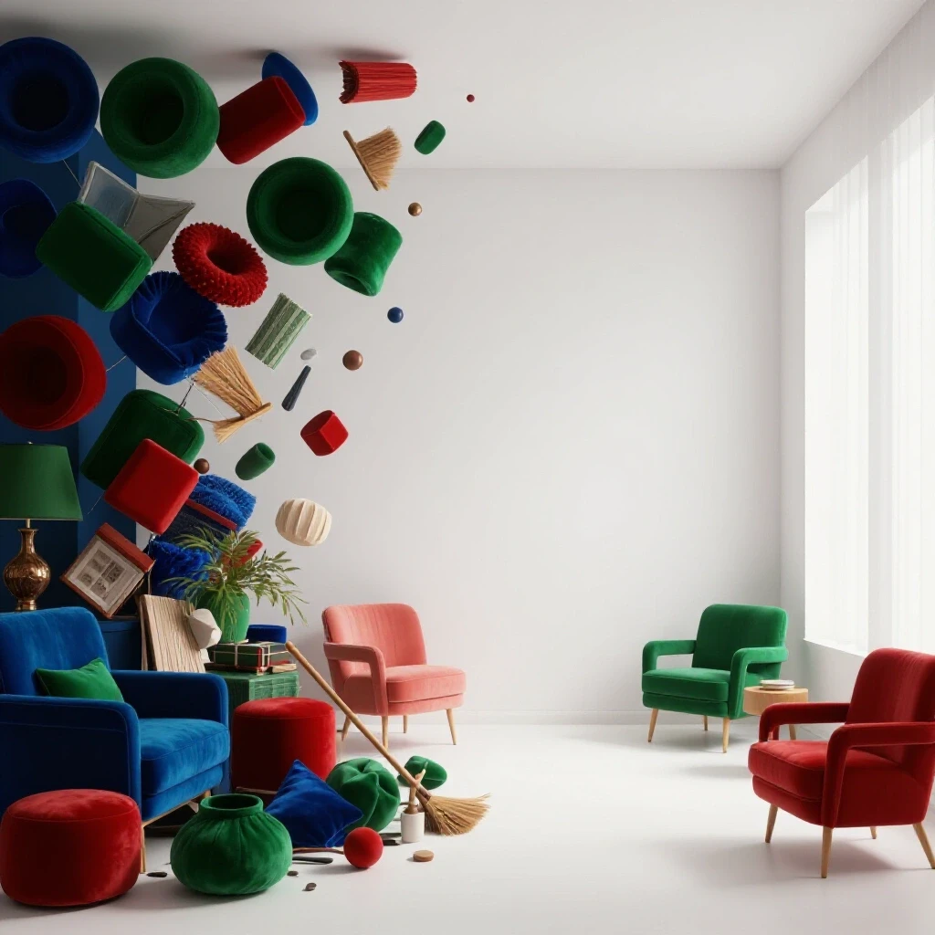 A vibrant room transformation from cluttered to minimalist, illustrating the concept of letting go of unused items.