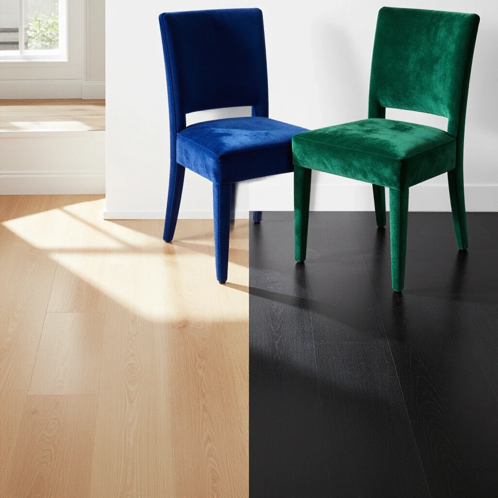 Split image showcasing light floor illuminated by sunlight and dark floor with dramatic shadows, highlighting maintenance differences.