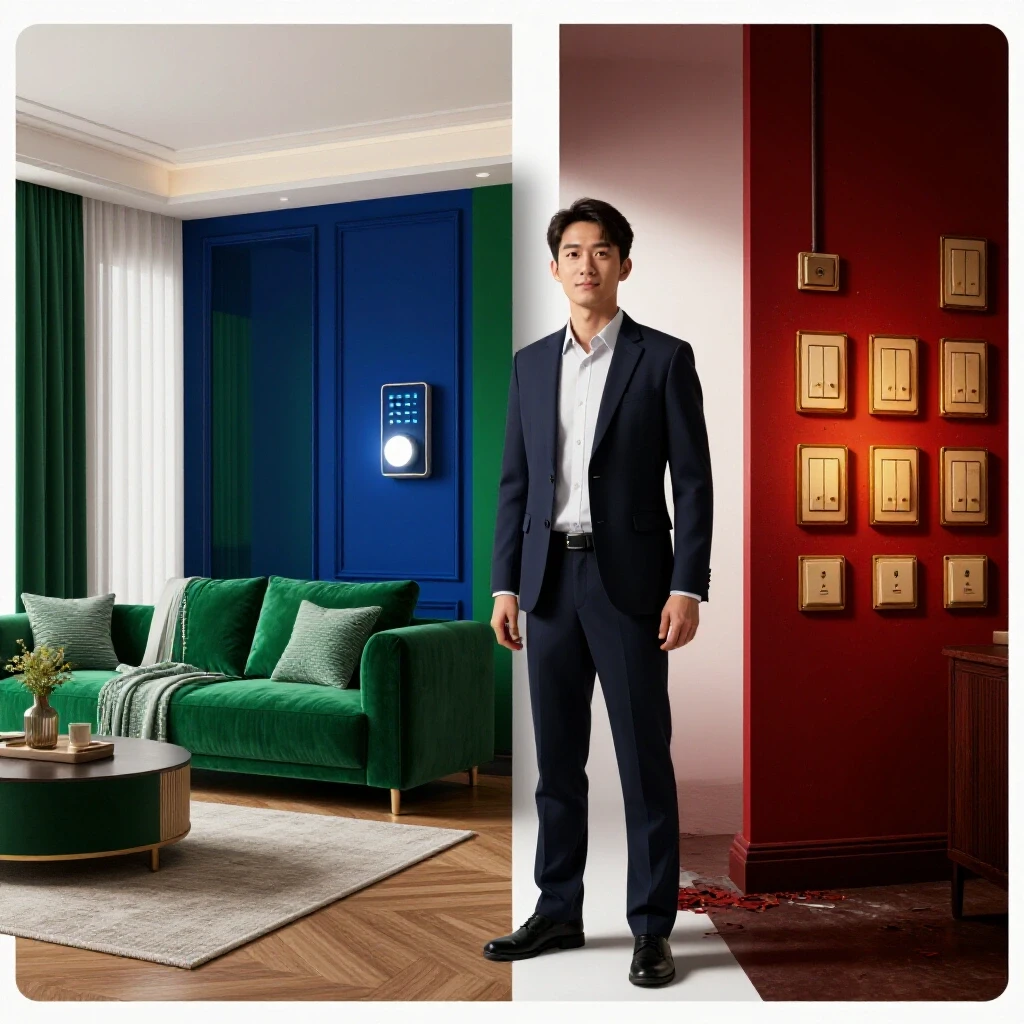 Split scene showing a modern, brightly lit room with advanced lighting controls contrasted with a dim, outdated room featuring traditional switches.