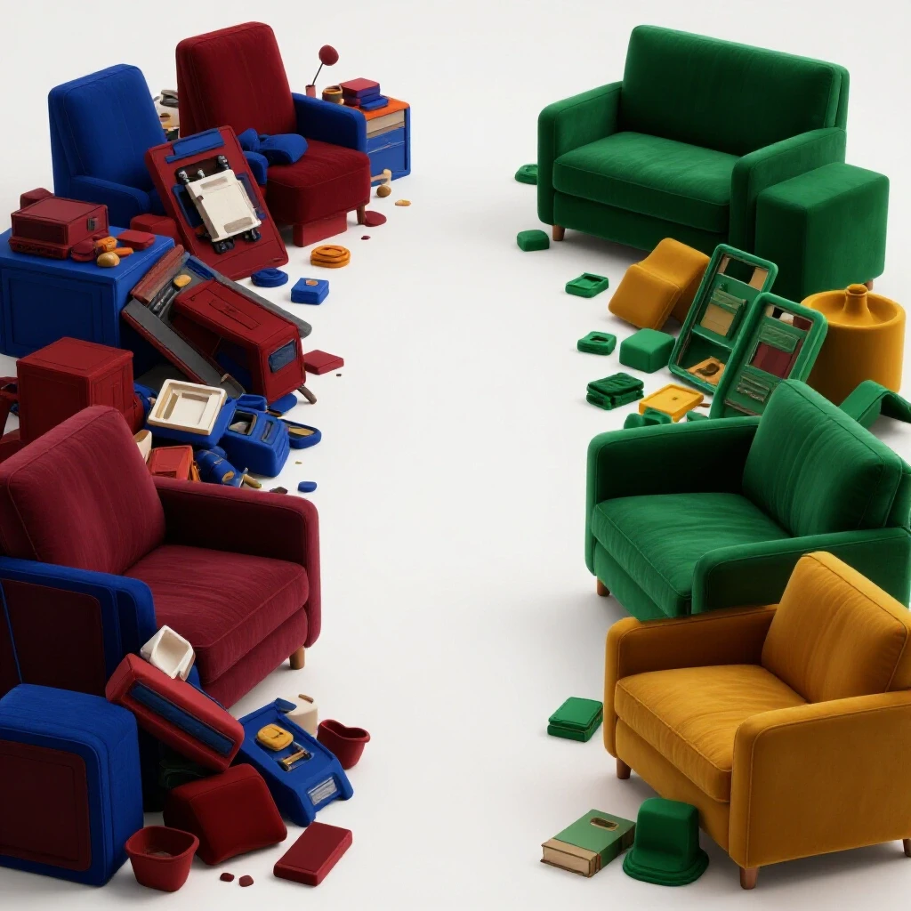 A split scene showing a cluttered room on one side and an organized space on the other, highlighting the 'Like with Like' organizing principle.