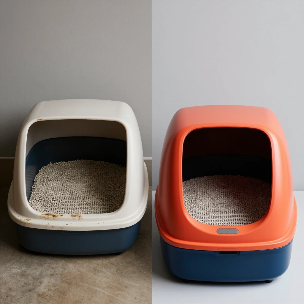 A comparative view of a worn-out litter box alongside a modern, vibrant litter box, emphasizing upgrades and durability.