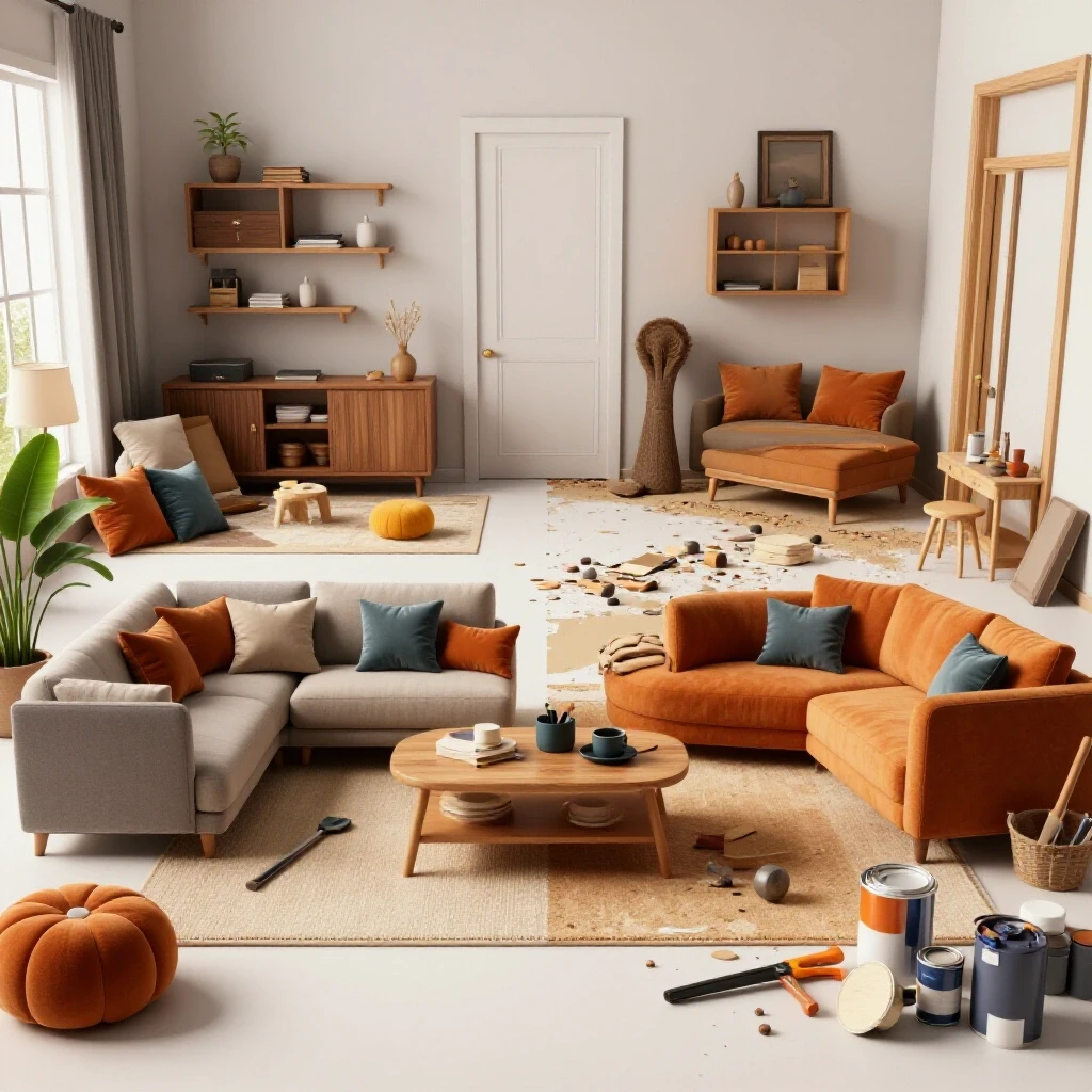 Contrast of a cozy, well-decorated living room and a chaotic renovation space filled with tools and paint.