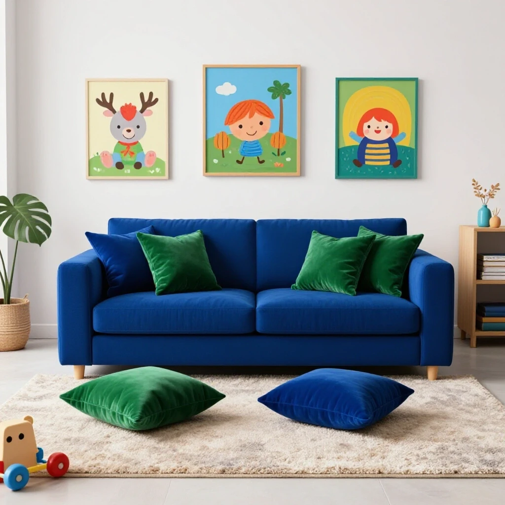 Stylish living room scene with colorful cushions, soft rug, and kid-friendly decor, hinting at family-friendly design.