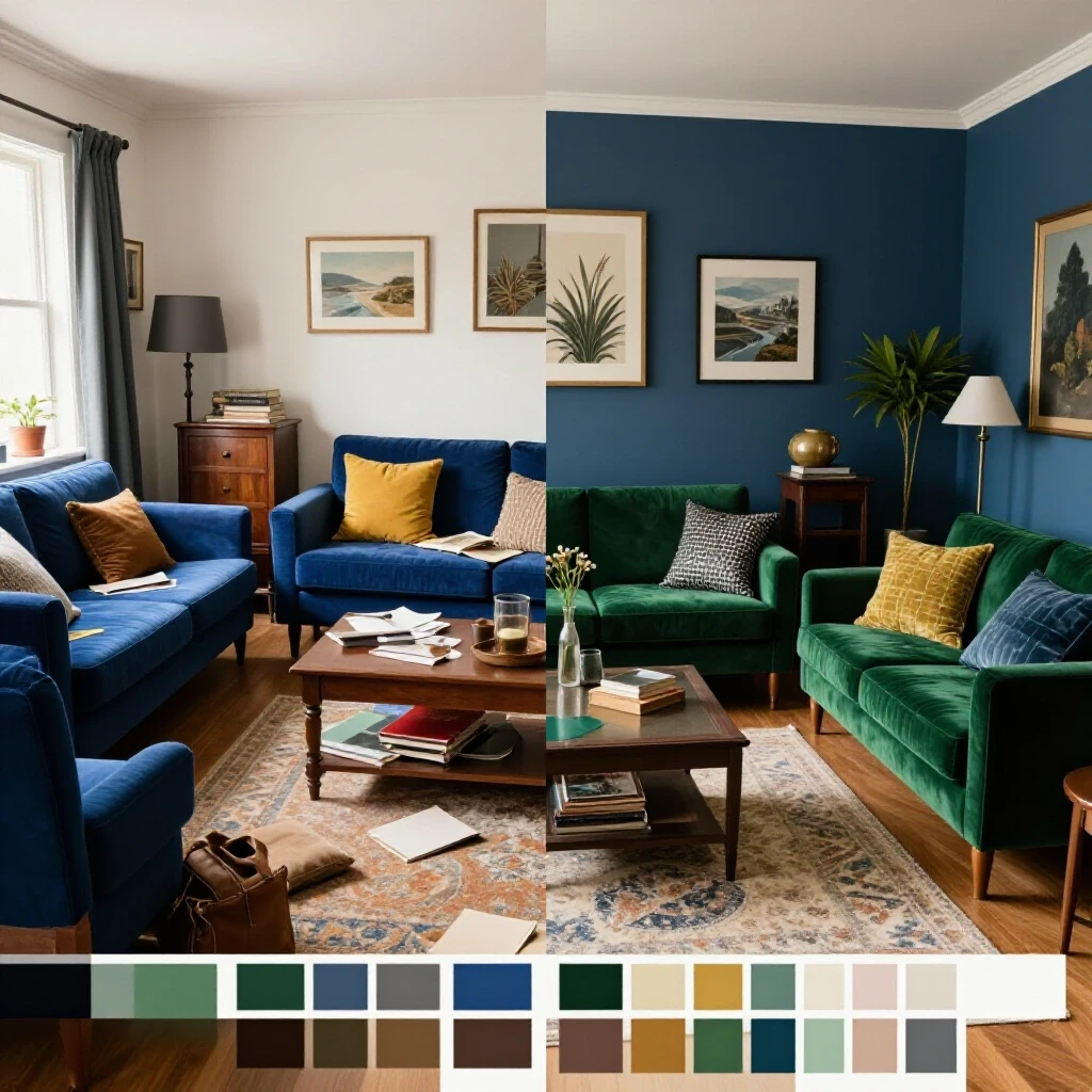 A comparison image of a cluttered living room makeover contrasted with a stylish, transformed space, showcasing vibrant colors and textures.