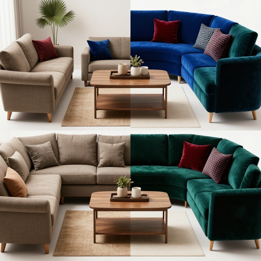 Split view of a living room before and after renovation, showcasing contrasting outdated and modern decor styles.