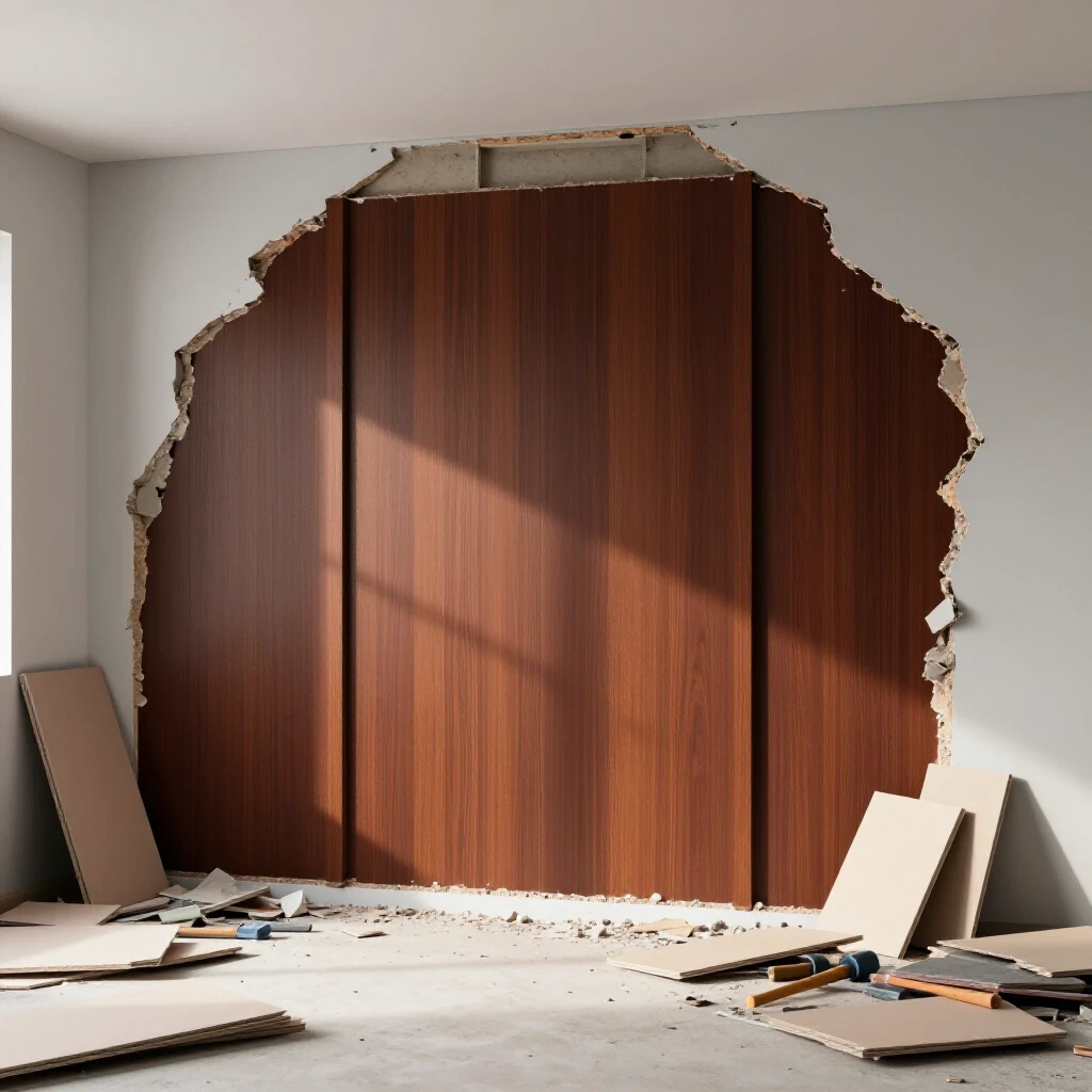 A partially demolished room showcasing an exposed load-bearing wall with scattered renovation materials, creating a striking contrast.