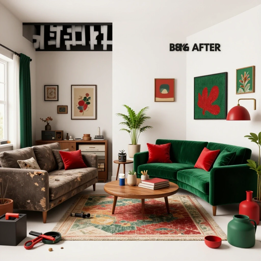 Before-and-after comparison of a cluttered living space transformed into an organized, inviting area, showcasing DIY home fixes.