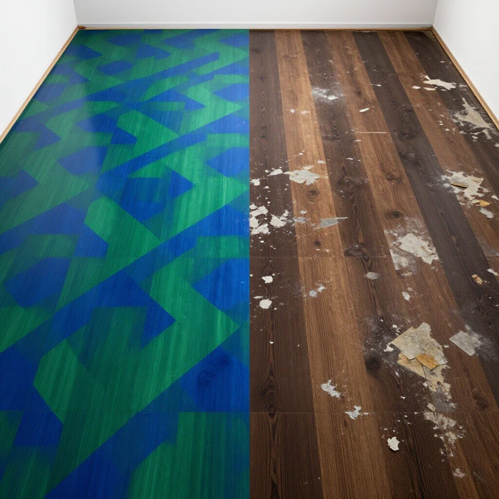 A split scene showing a flawless vibrant floor on one side and a worn-out damaged floor on the other, illustrating flooring issues.