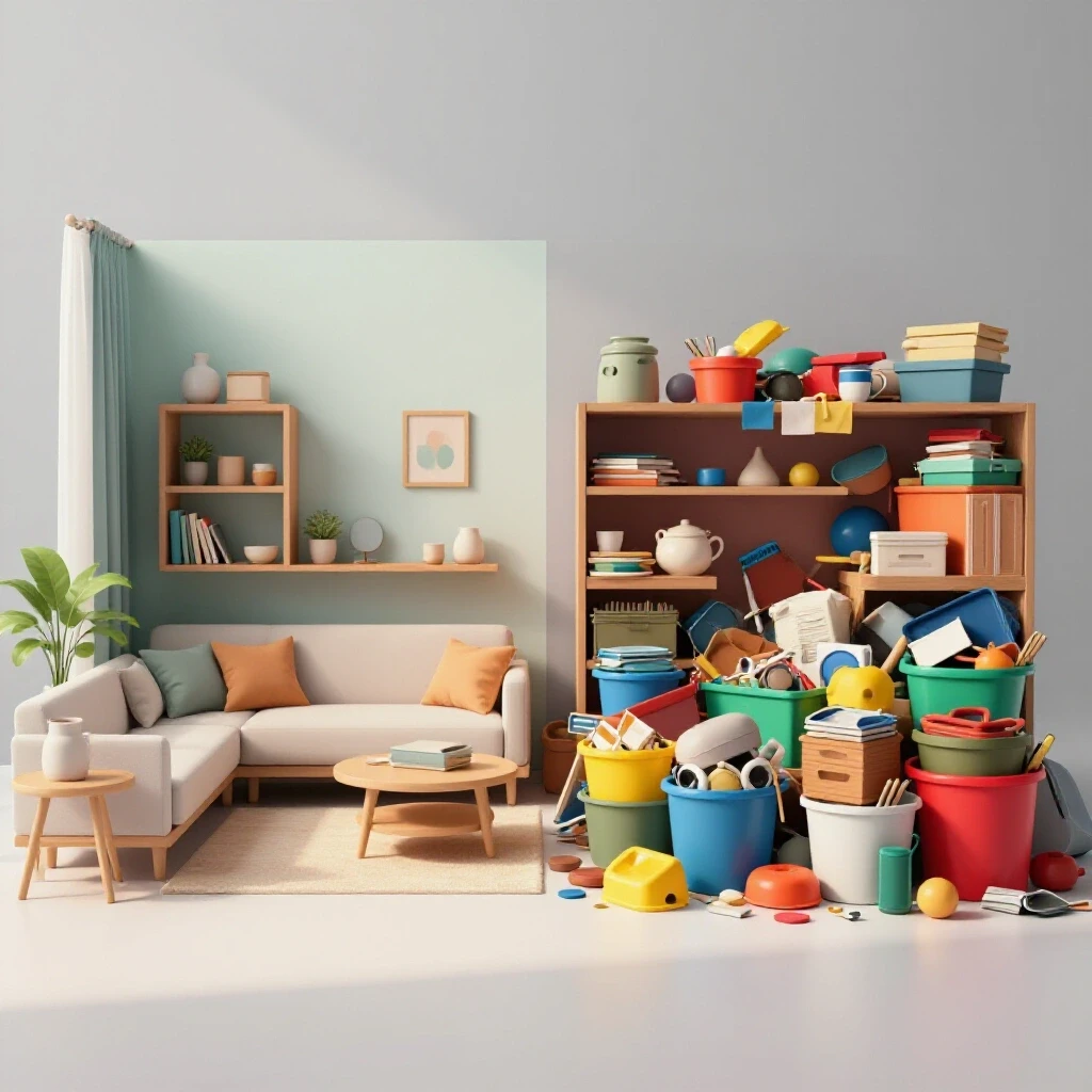 A striking visual contrast between a serene, organized living space and a chaotic cluttered area, illustrating home organization.