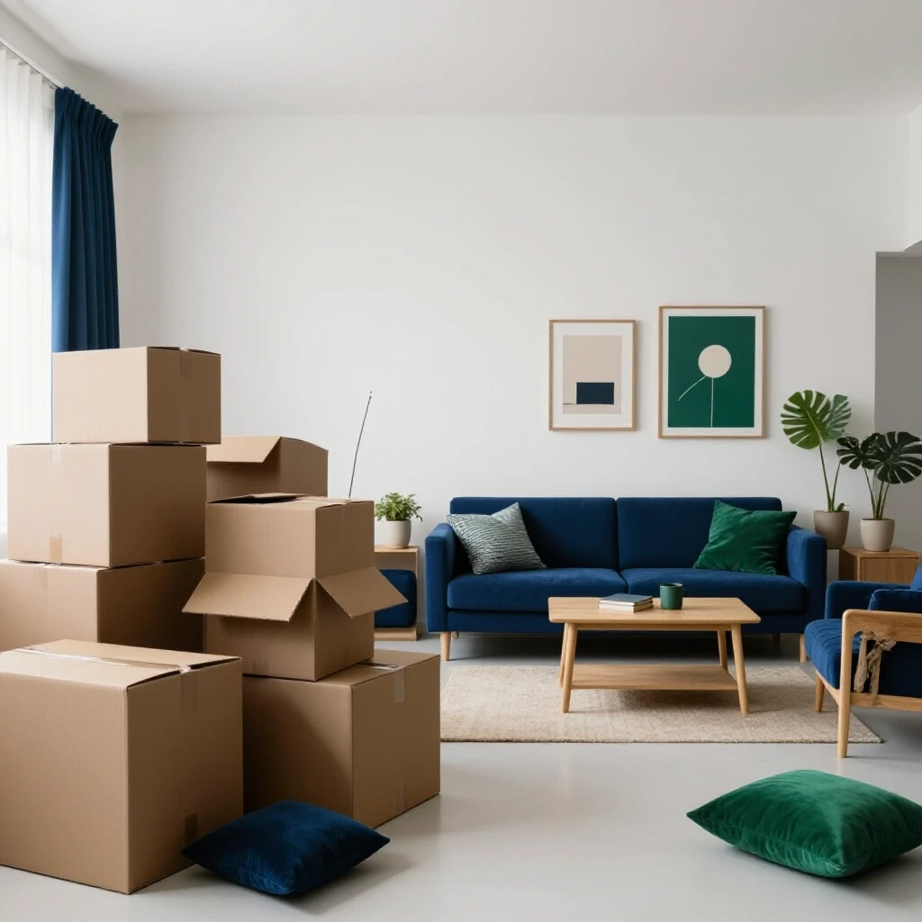 A split scene of moving chaos with cardboard boxes on one side and a beautifully organized living space on the other, representing stress relief.
