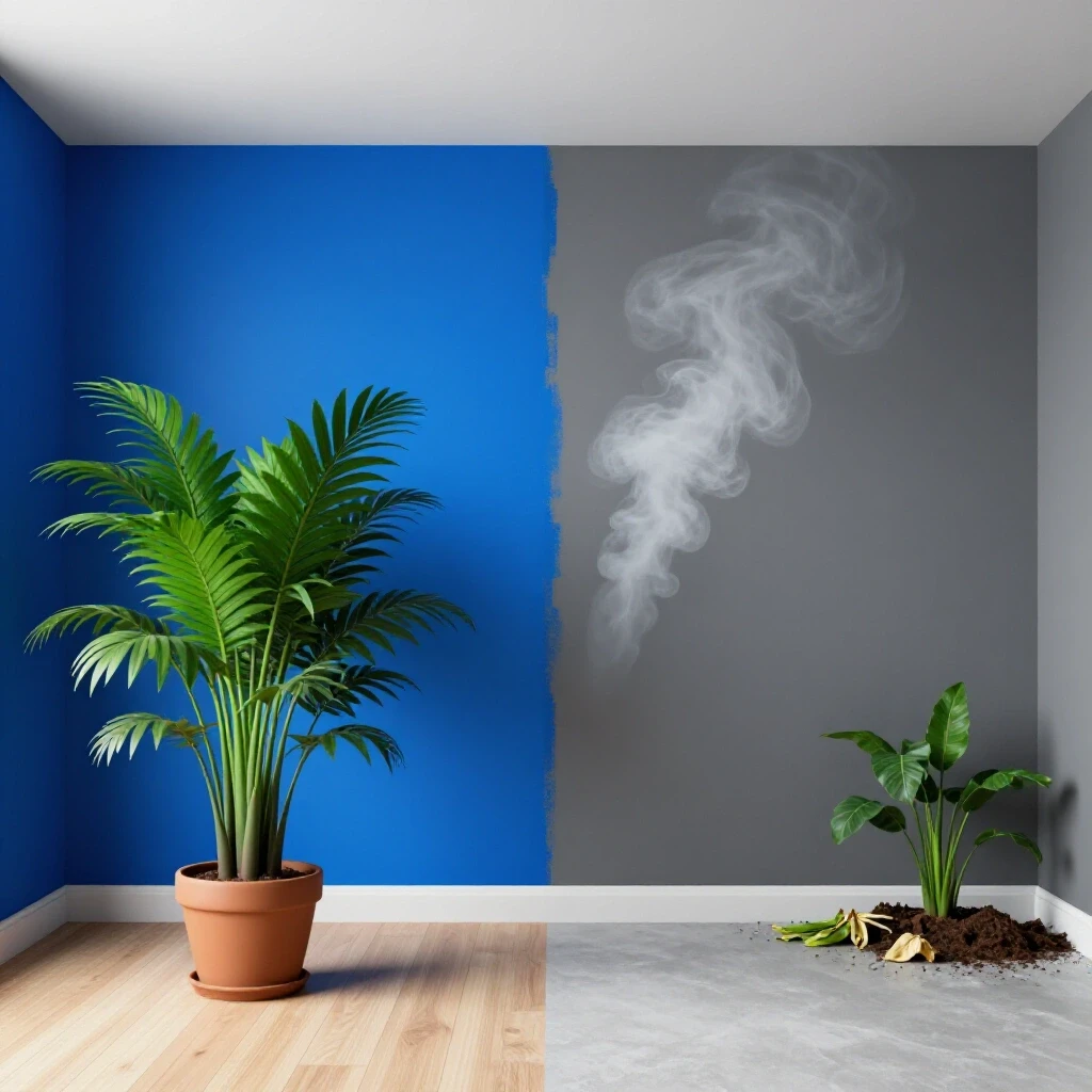 A vibrant room split between colorful low-VOC paint and dull gray wall with fuming effects, showcasing contrasting plants.