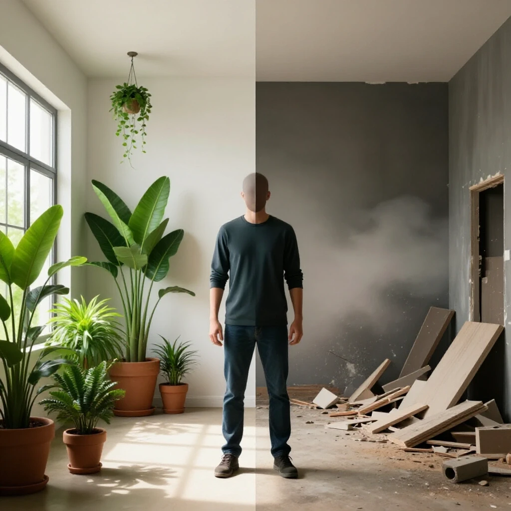 A contrasting split-image showing a vibrant, well-lit low-VOC renovated room with greenery on one side and a cluttered, dimly lit room on the other.