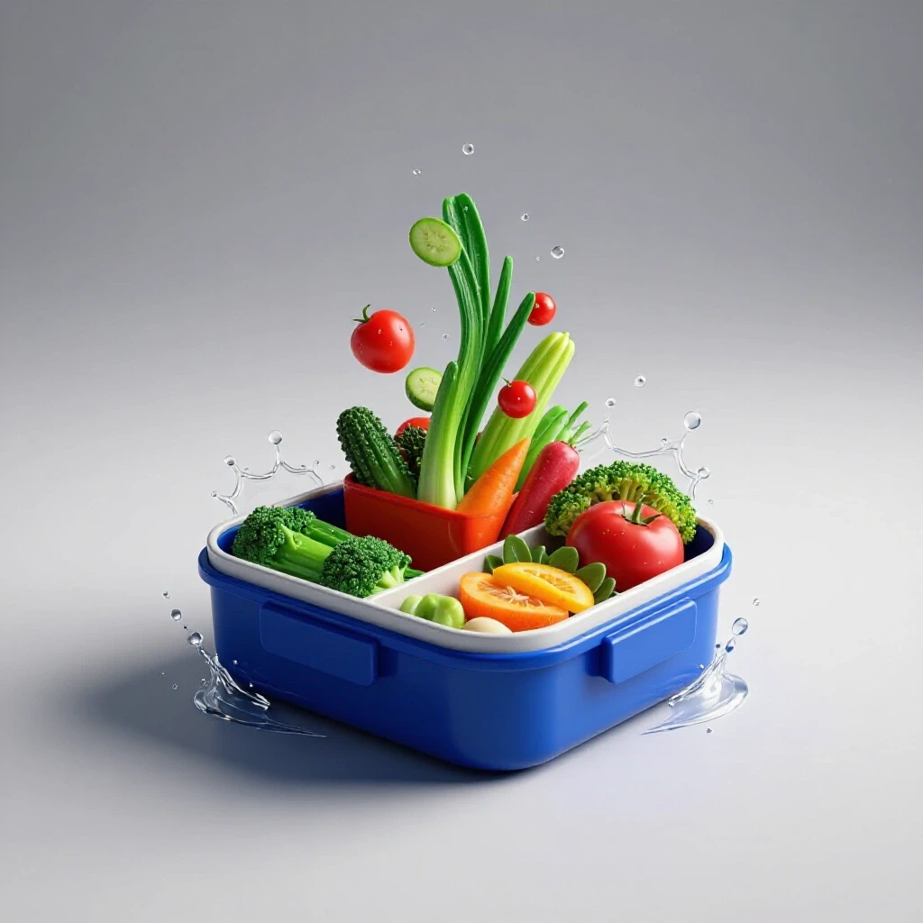 A colorful lunch box with food items spilling out, enhanced by a dynamic water splash against a bright white background.