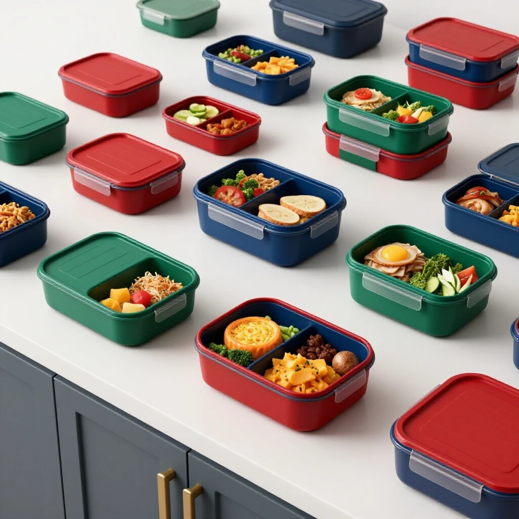 Organized kitchen countertop with colorful lunch prep containers and fresh meals, bright studio background.