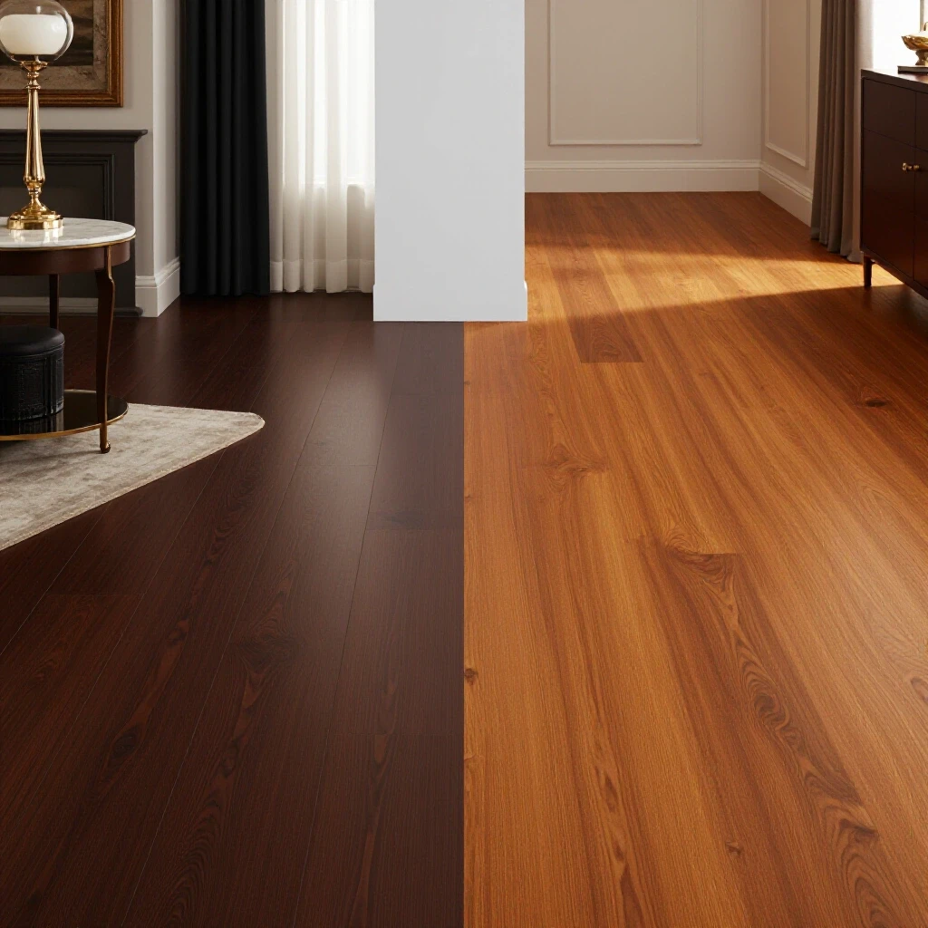 A split-image comparing luxurious LVP flooring with engineered wood flooring, showcasing different styles in an inviting interior.
