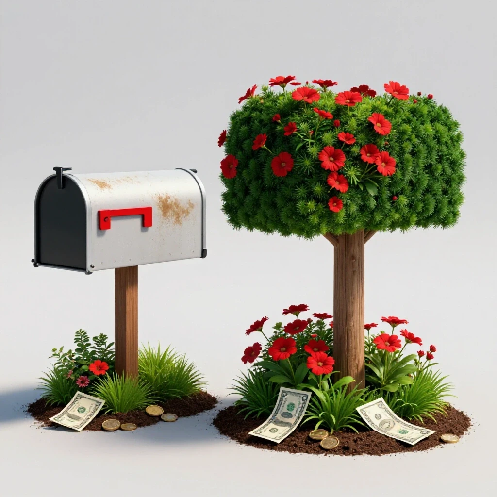 A vibrant landscaped mailbox contrasting with a neglected one, showcasing dollar bills in soil, symbolizing landscaping costs.