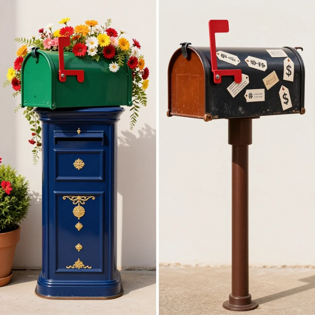Contrast between a decorated upgraded mailbox and a worn-out mailbox with price tags, illustrating budget transformation