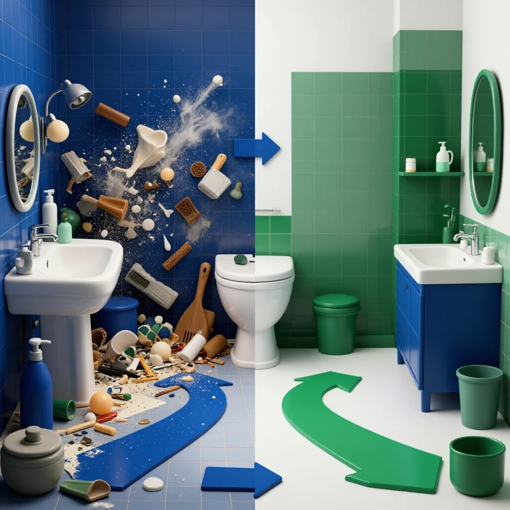 A split-image showcasing a chaotic bathroom on the left and a serene, organized bathroom on the right, symbolizing renovation transformation.