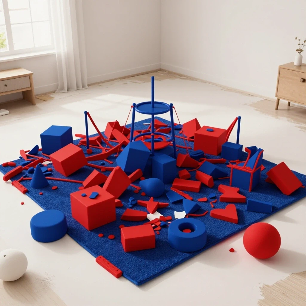 A vibrant play area in the foreground with toys and colors contrasting with a serene, renovated living space in the background.