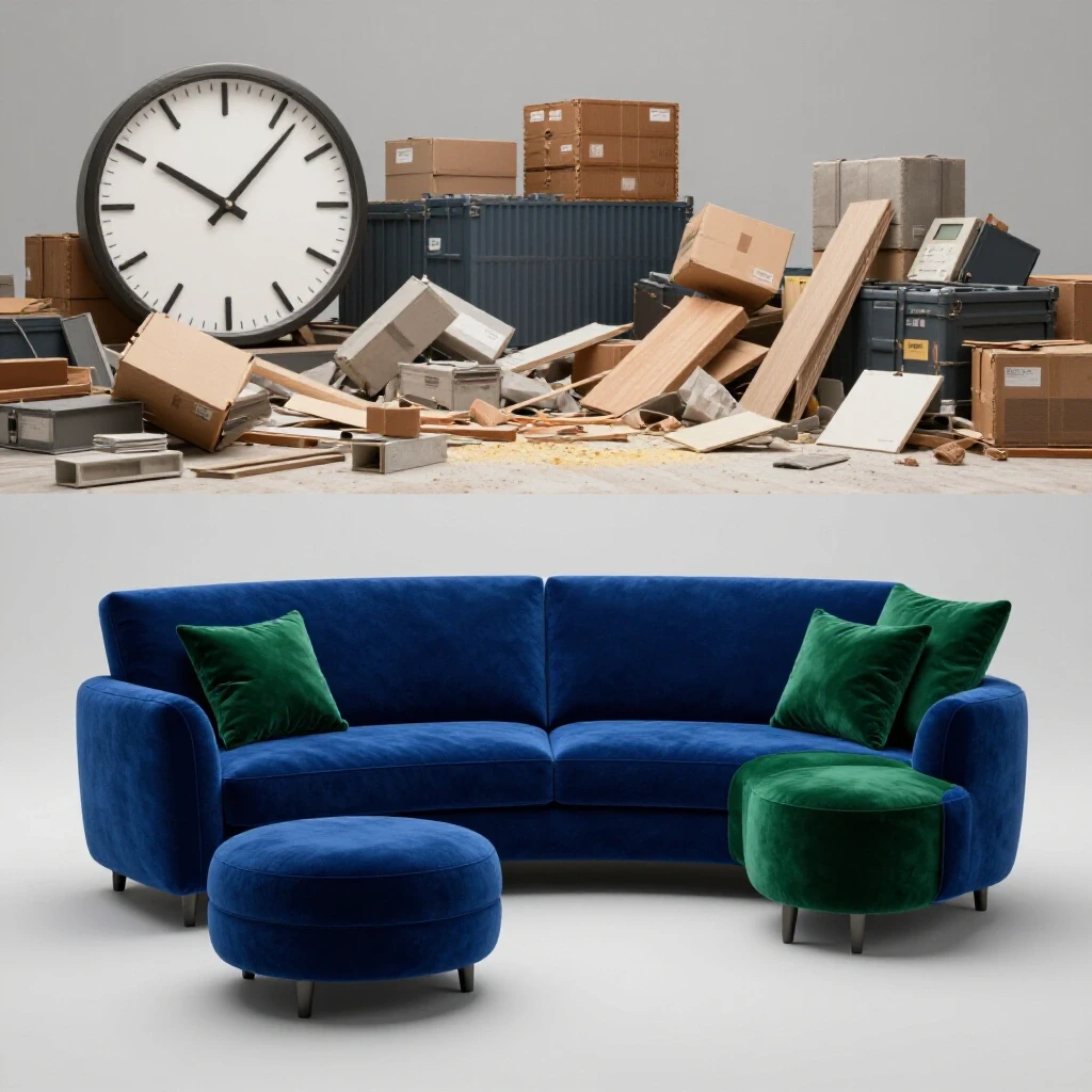 A beautifully renovated room contrasted by a chaotic supply chain scene with scattered materials and a spinning clock.