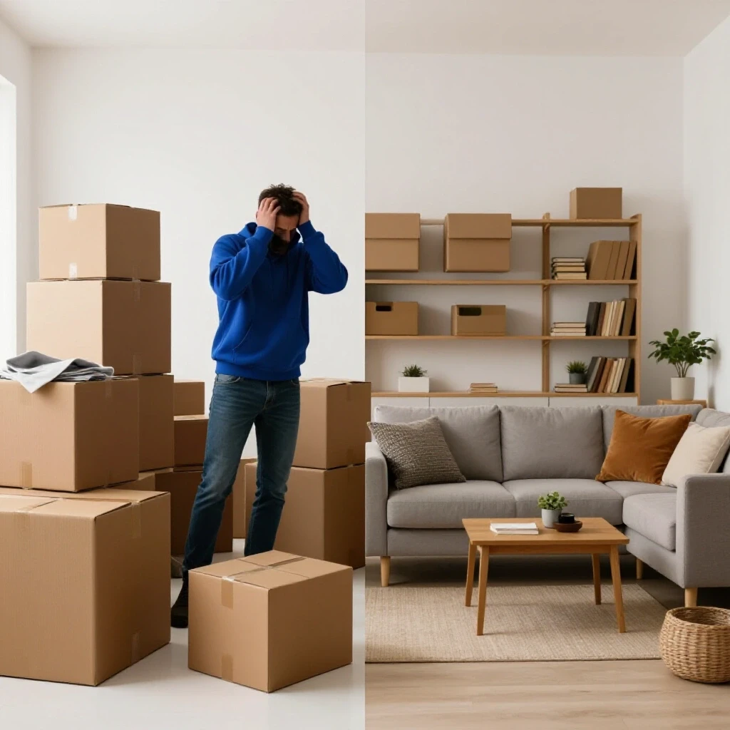 A split scene showing a chaotic moving day on one side and a serene organized living space on the other, symbolizing transformation.