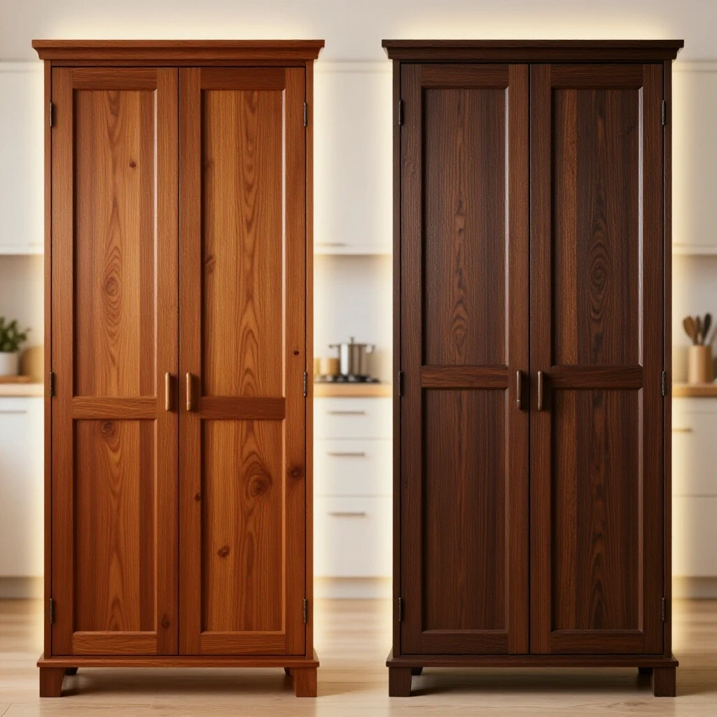 Comparison of a warm-toned maple cabinet and a textured oak cabinet against a stylish kitchen backdrop.