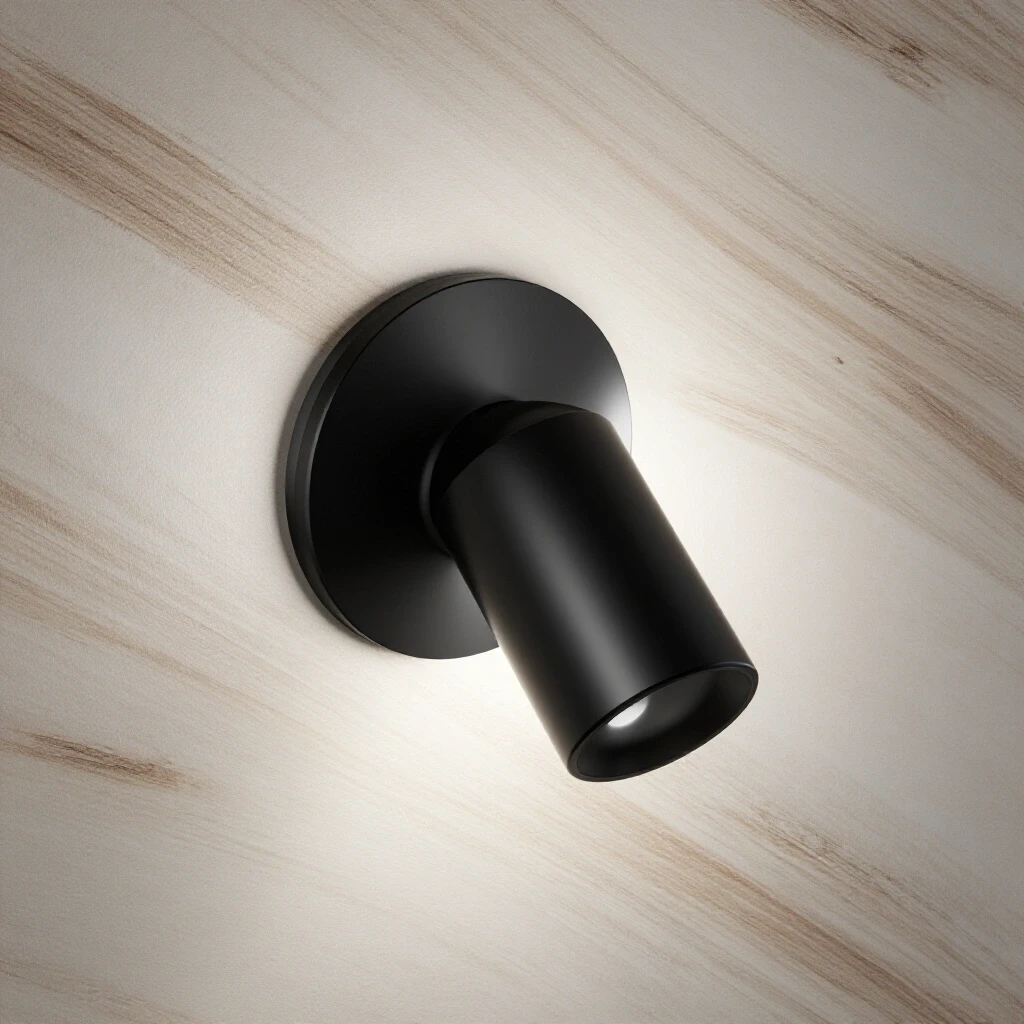 Close-up of a sleek matte black fixture on a textured light surface, showcasing durability and design contrast.