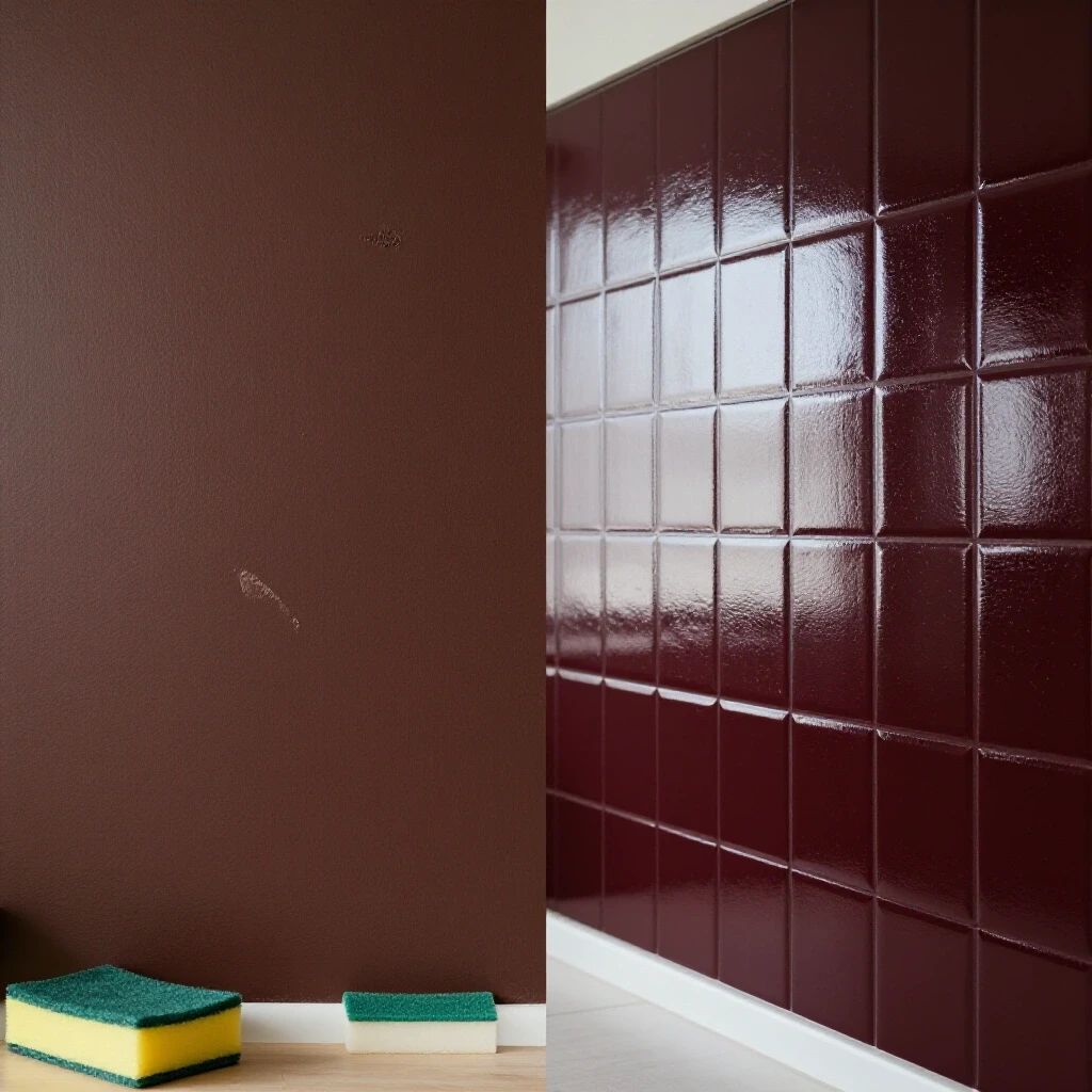 A split image of a kitchen wall, one side matte with smudges and the other glossy and clean, with cleaning tools in view.