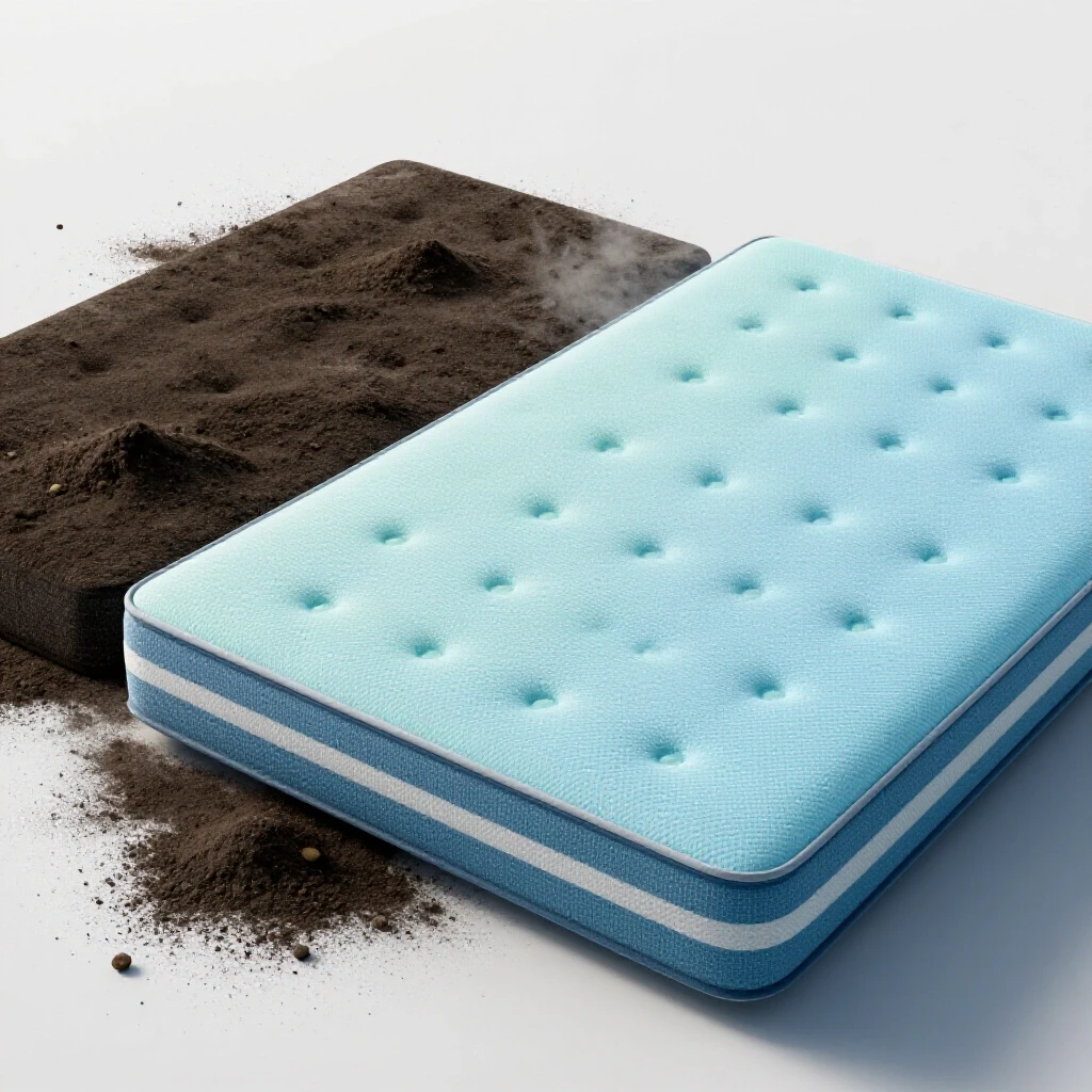 A comparison of a freshly cleaned mattress against a dusty, dark mattress, illustrating allergy relief and cleanliness with contrasting colors.