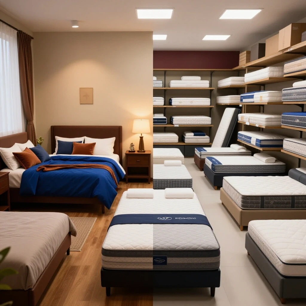 A comparison image showing a cozy bedroom on one side and a traditional mattress store on the other.